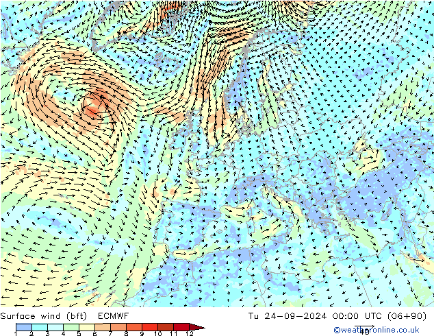 ве�Bе�@ 10 m (bft) ECMWF вт 24.09.2024 00 UTC