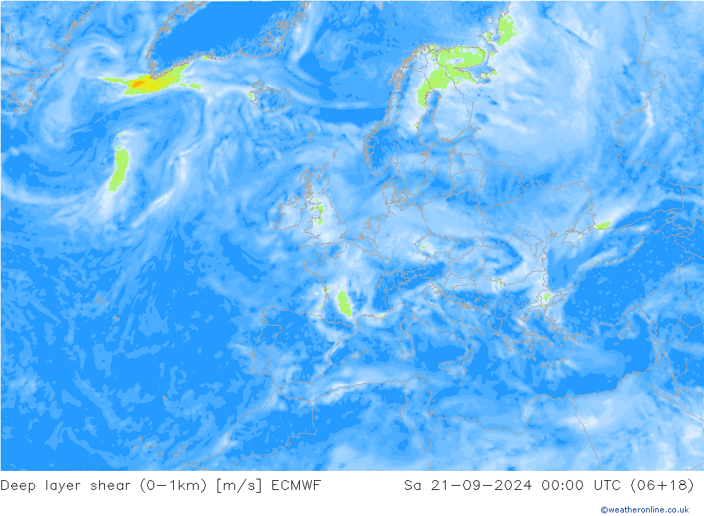 Deep layer shear (0-1km) ECMWF sab 21.09.2024 00 UTC