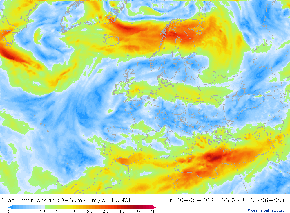 Deep layer shear (0-6km) ECMWF 星期五 20.09.2024 06 UTC