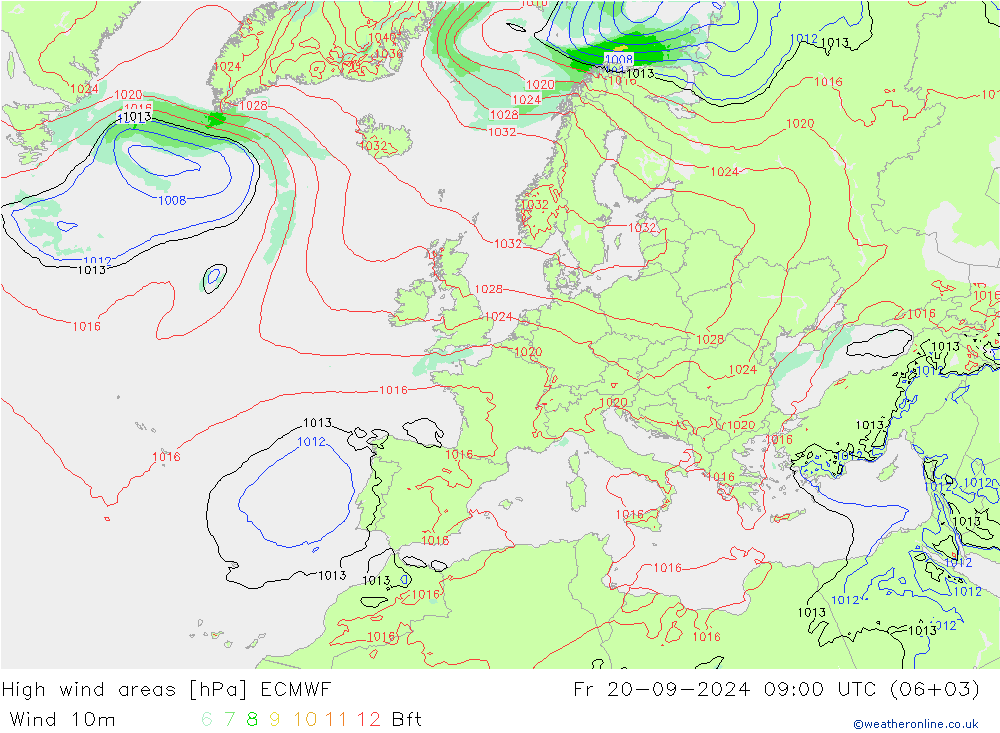 High wind areas ECMWF 星期五 20.09.2024 09 UTC