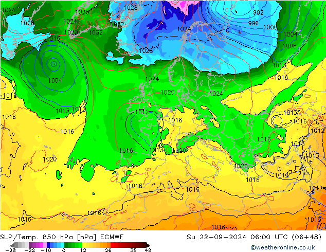 SLP/Temp. 850 гПа ECMWF Вс 22.09.2024 06 UTC