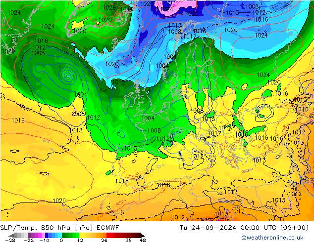 SLP/Temp. 850 hPa ECMWF Tu 24.09.2024 00 UTC