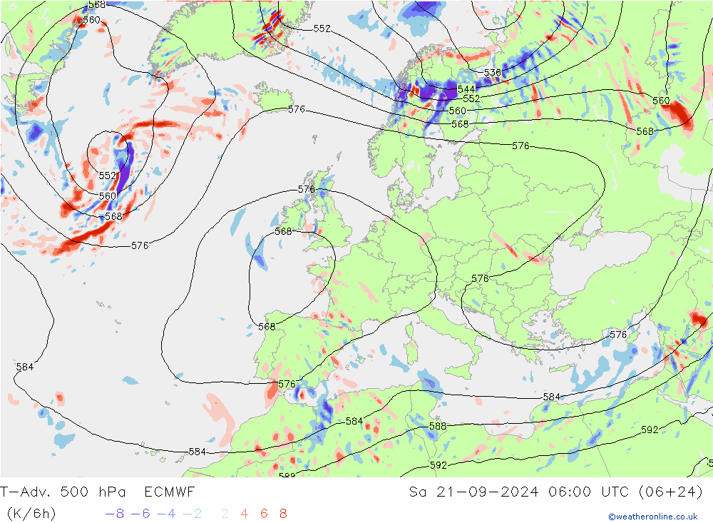 T-Adv. 500 hPa ECMWF Sa 21.09.2024 06 UTC