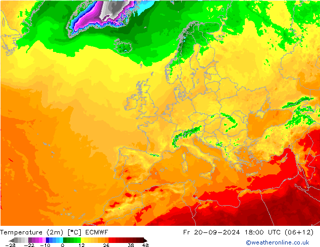 Temperature (2m) ECMWF Pá 20.09.2024 18 UTC