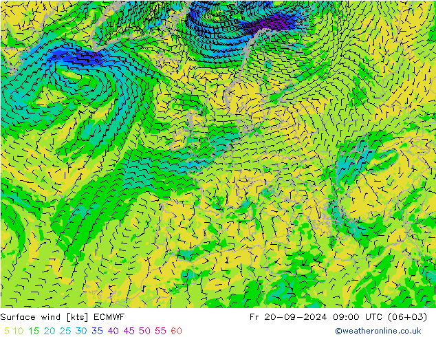 wiatr 10 m ECMWF pt. 20.09.2024 09 UTC