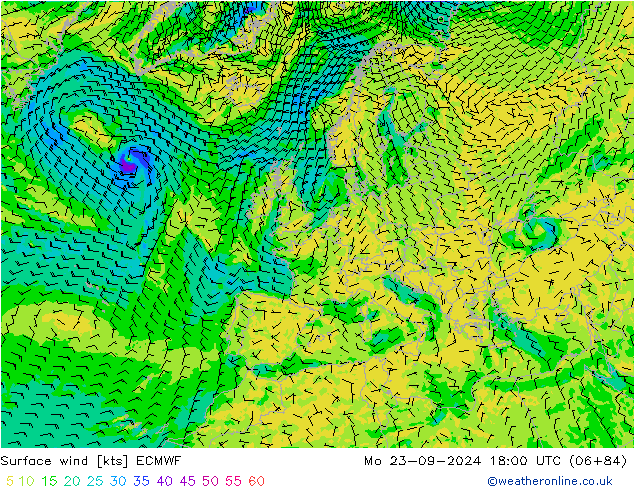 Rüzgar 10 m ECMWF Pzt 23.09.2024 18 UTC