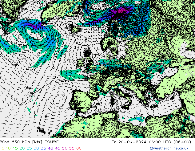 Viento 850 hPa ECMWF vie 20.09.2024 06 UTC