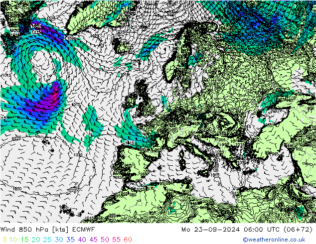 Wind 850 hPa ECMWF Mo 23.09.2024 06 UTC