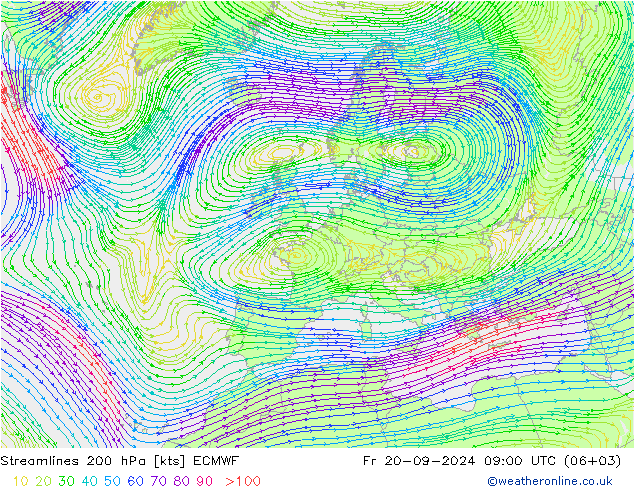 Streamlines 200 hPa ECMWF Fr 20.09.2024 09 UTC