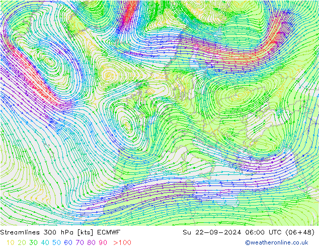 Linea di flusso 300 hPa ECMWF dom 22.09.2024 06 UTC