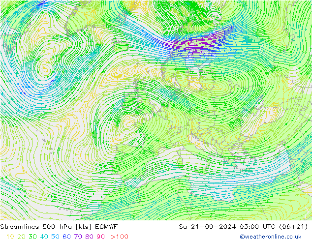 Linia prądu 500 hPa ECMWF so. 21.09.2024 03 UTC