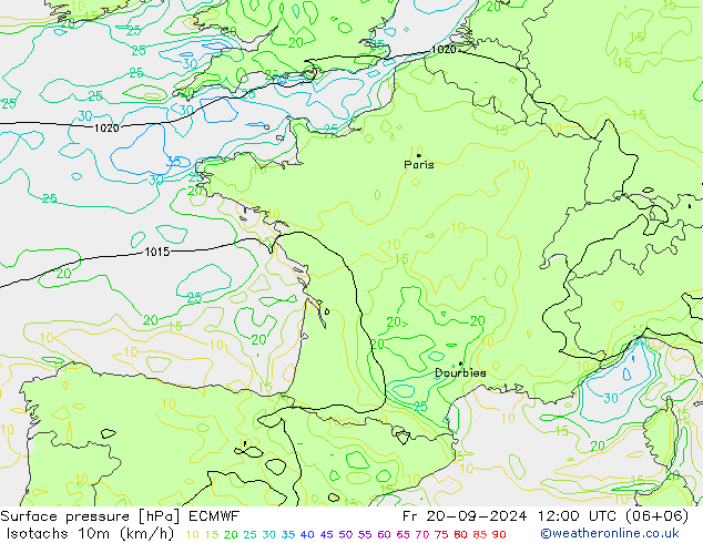 Isotachs (kph) ECMWF Fr 20.09.2024 12 UTC