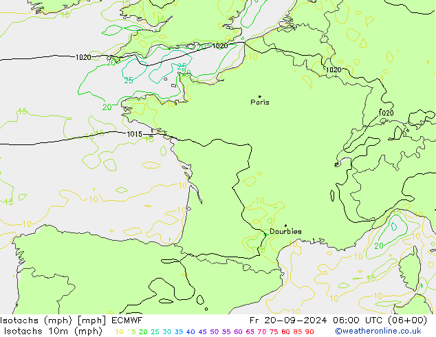 Isotachs (mph) ECMWF ven 20.09.2024 06 UTC