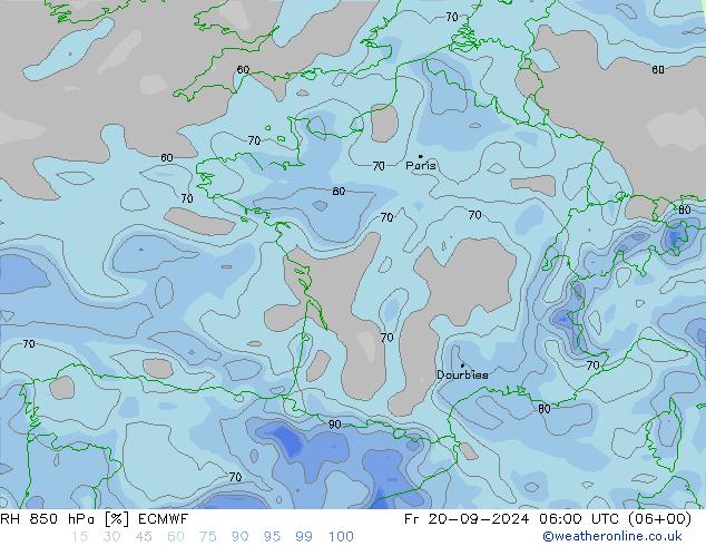 Humedad rel. 850hPa ECMWF vie 20.09.2024 06 UTC