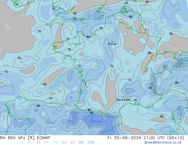 RH 850 hPa ECMWF Fr 20.09.2024 21 UTC