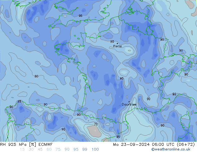 RH 925 hPa ECMWF Mo 23.09.2024 06 UTC