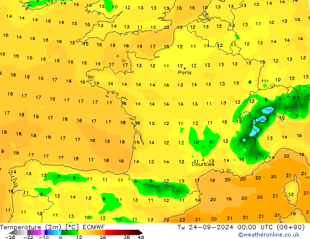 Temperaturkarte (2m) ECMWF Di 24.09.2024 00 UTC