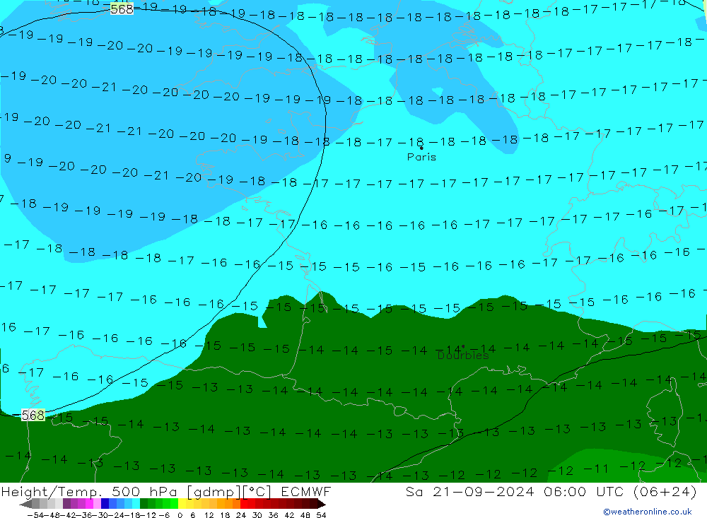 Height/Temp. 500 гПа ECMWF сб 21.09.2024 06 UTC