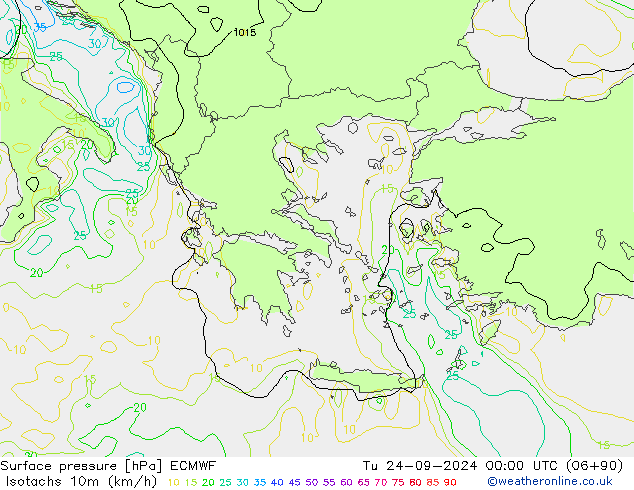 Isotachs (kph) ECMWF  24.09.2024 00 UTC