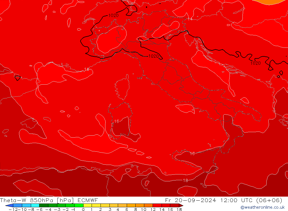 Theta-W 850hPa ECMWF Pá 20.09.2024 12 UTC