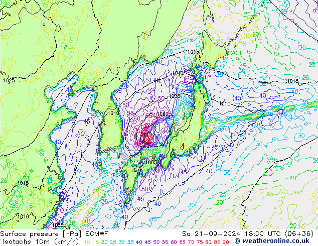 Isotachs (kph) ECMWF  21.09.2024 18 UTC