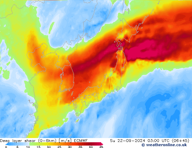 Deep layer shear (0-6km) ECMWF Su 22.09.2024 03 UTC