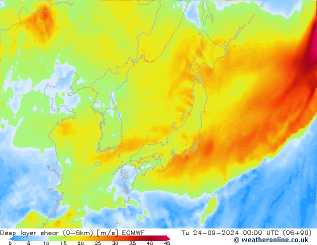 Deep layer shear (0-6km) ECMWF Tu 24.09.2024 00 UTC