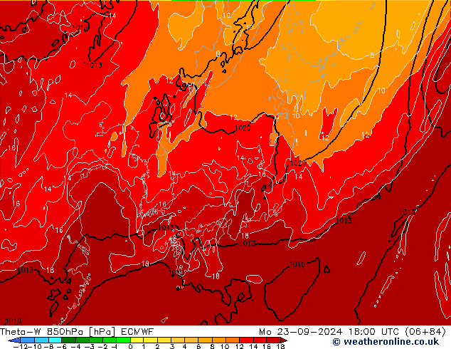 Theta-W 850гПа ECMWF пн 23.09.2024 18 UTC