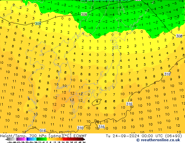 Height/Temp. 700 hPa ECMWF Tu 24.09.2024 00 UTC