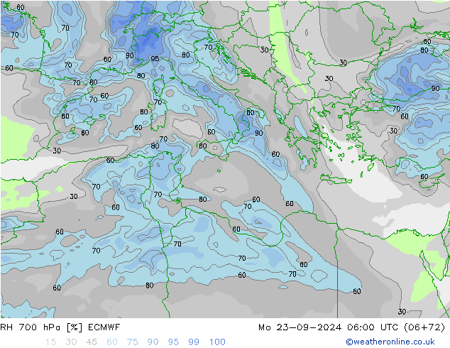 RH 700 hPa ECMWF Mo 23.09.2024 06 UTC