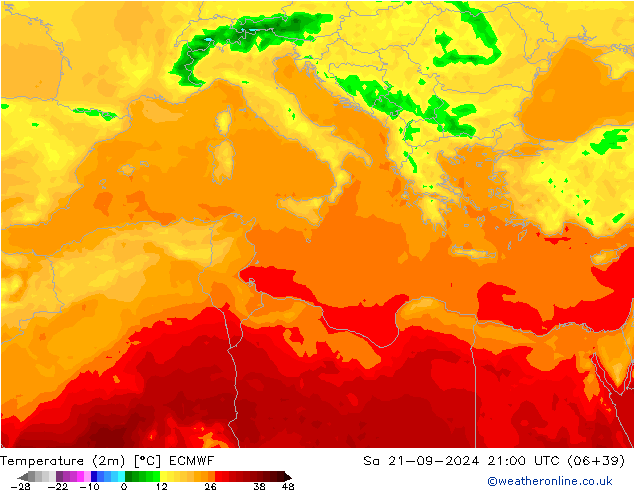 mapa temperatury (2m) ECMWF so. 21.09.2024 21 UTC