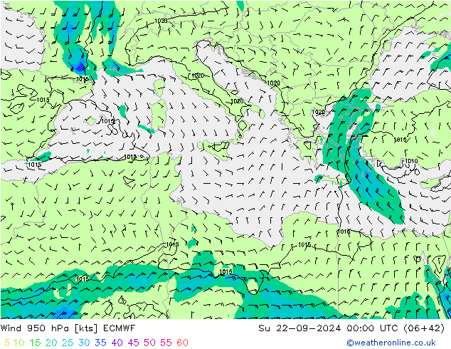 Wind 950 hPa ECMWF So 22.09.2024 00 UTC