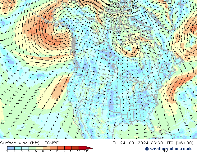 Bodenwind (bft) ECMWF Di 24.09.2024 00 UTC