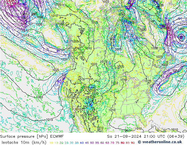 Isotachs (kph) ECMWF сб 21.09.2024 21 UTC