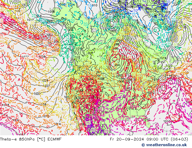 Theta-e 850hPa ECMWF Pá 20.09.2024 09 UTC