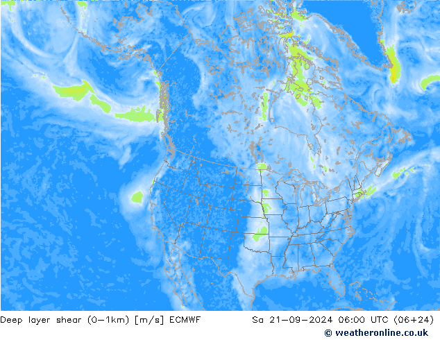 Deep layer shear (0-1km) ECMWF 星期六 21.09.2024 06 UTC