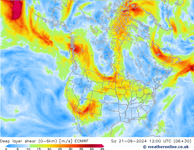 Deep layer shear (0-6km) ECMWF Sa 21.09.2024 12 UTC