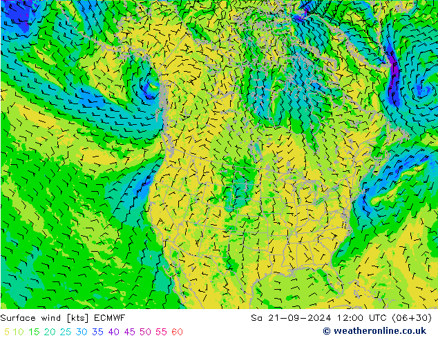 wiatr 10 m ECMWF so. 21.09.2024 12 UTC