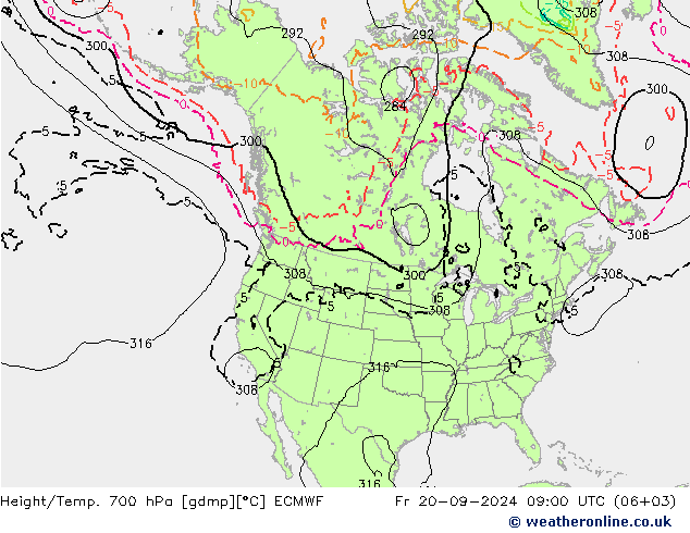 Hoogte/Temp. 700 hPa ECMWF vr 20.09.2024 09 UTC