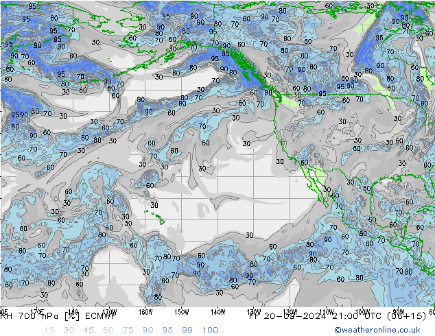 RH 700 hPa ECMWF Fr 20.09.2024 21 UTC