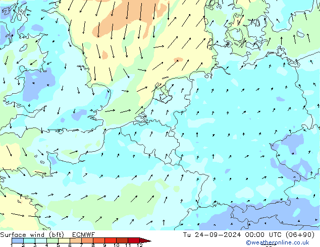  10 m (bft) ECMWF  24.09.2024 00 UTC