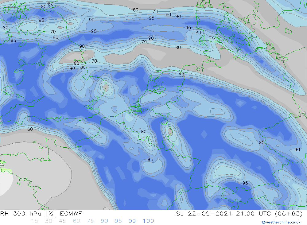 RH 300 hPa ECMWF Su 22.09.2024 21 UTC