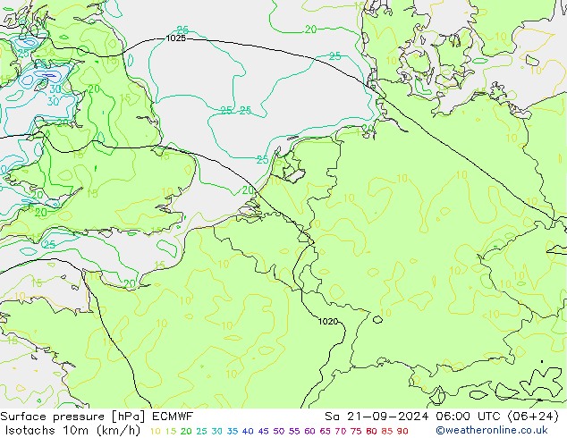 Isotachen (km/h) ECMWF Sa 21.09.2024 06 UTC