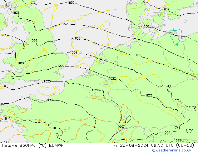 Theta-e 850hPa ECMWF Fr 20.09.2024 09 UTC