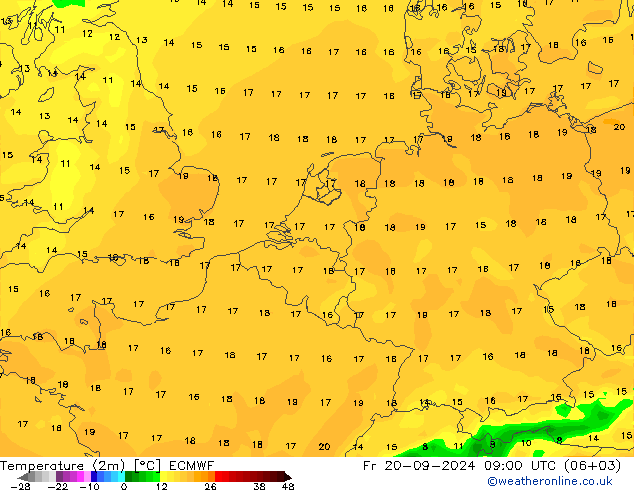 Temperature (2m) ECMWF Fr 20.09.2024 09 UTC