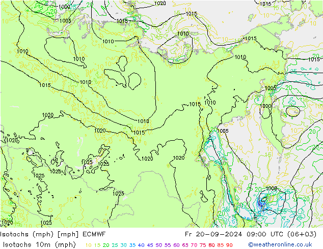 Isotachs (mph) ECMWF пт 20.09.2024 09 UTC