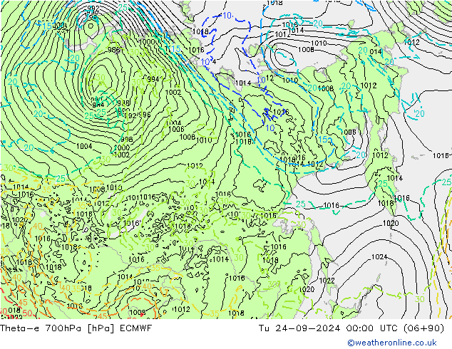 Theta-e 700hPa ECMWF Tu 24.09.2024 00 UTC