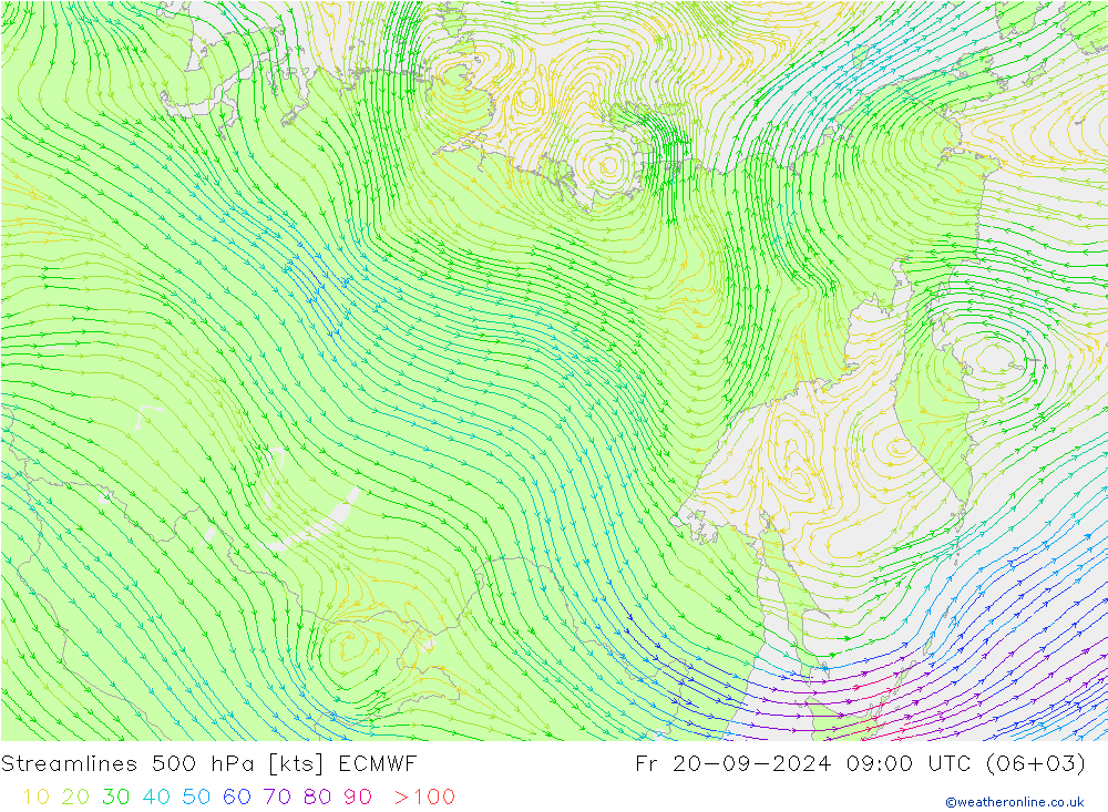 Rüzgar 500 hPa ECMWF Cu 20.09.2024 09 UTC