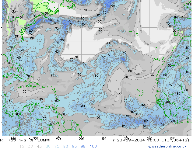 RH 700 гПа ECMWF пт 20.09.2024 18 UTC