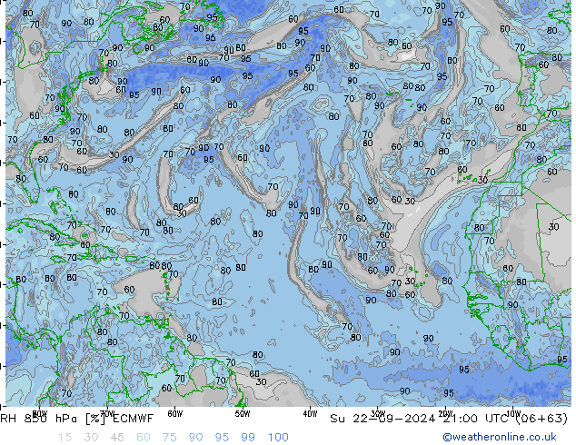 RH 850 hPa ECMWF Ne 22.09.2024 21 UTC